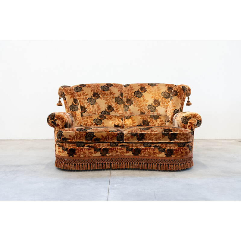 Vintage 3-seater sofa in wood and chenille fabric with pair of armchairs, Italy 1970