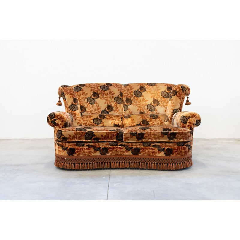 Vintage 3-zitsbank in hout en chenille stof met paar fauteuils, Italië 1970