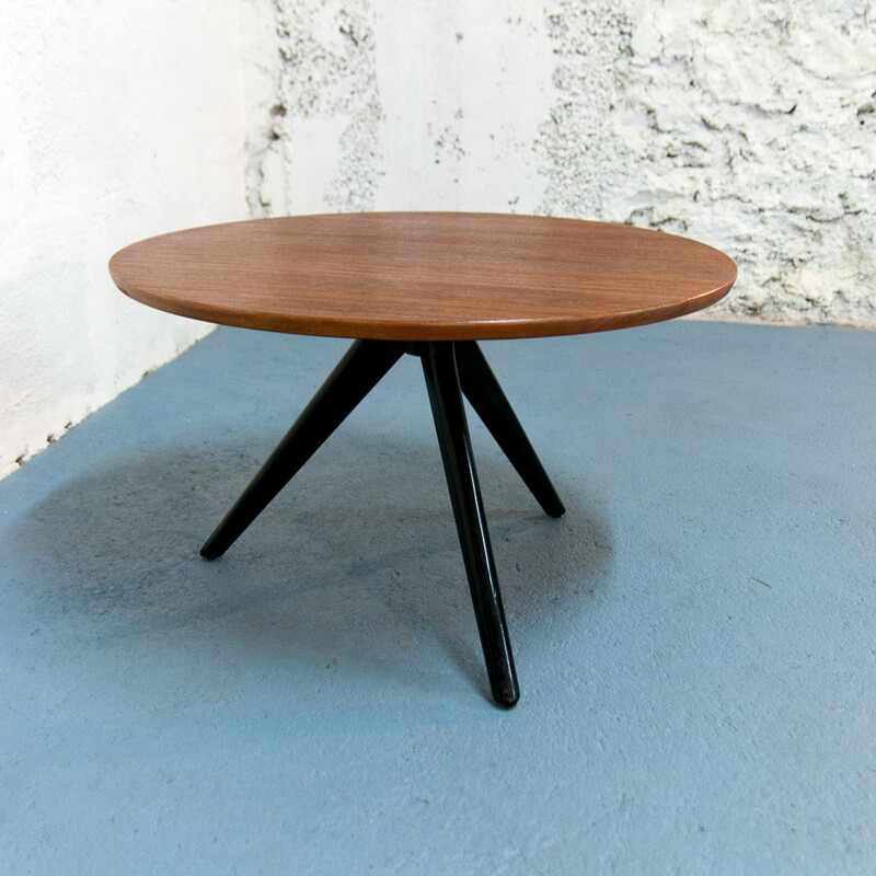 Table basse scandinave ronde tripode vintage - 1960