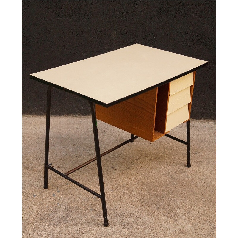 Bureau en formica blanc et bois vintage - 1950