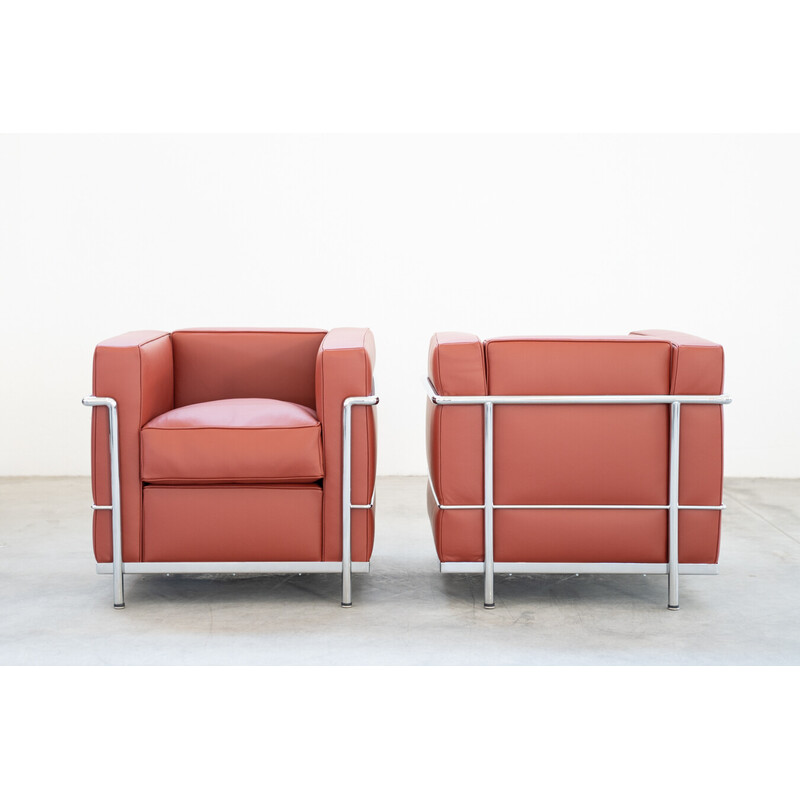 Pair of vintage LC2 model metal armchairs by Charlotte Perriand for Cassina, Italy 1980