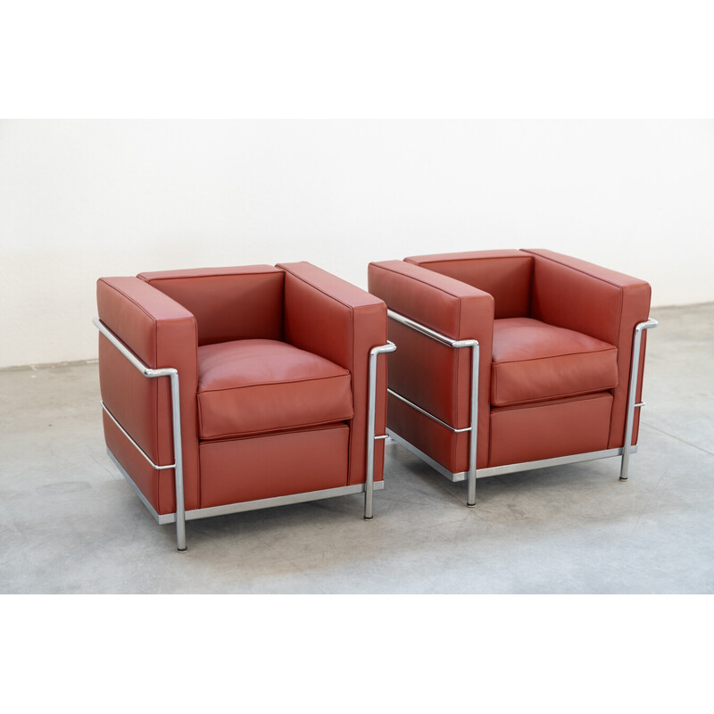 Pair of vintage LC2 model metal armchairs by Charlotte Perriand for Cassina, Italy 1980