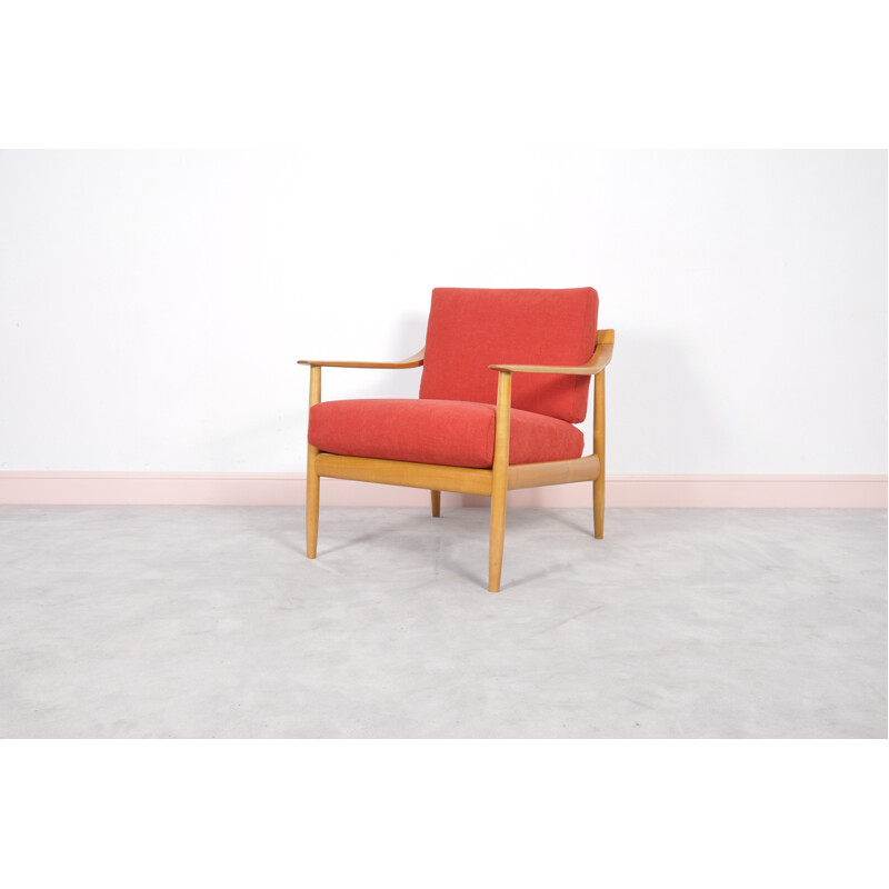 Cherry wood & red fabric armchair - 1960s