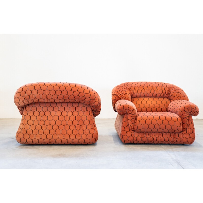 Vintage 3-seater sofa in polyurethane and fabric with pairs of armchairs, 1970