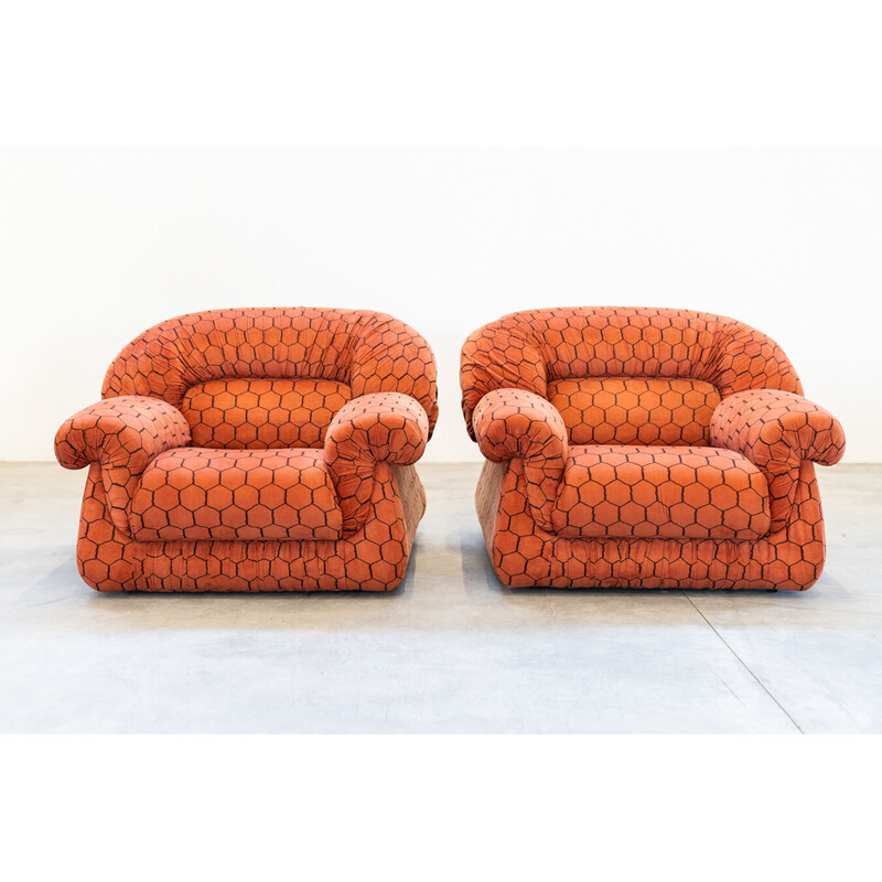 Vintage 3-seater sofa in polyurethane and fabric with pairs of armchairs, 1970