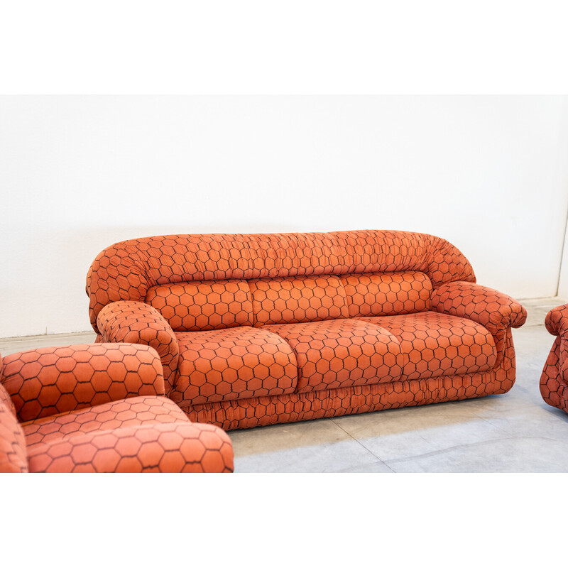 Vintage 3-seater sofa in polyurethane and fabric with pairs of armchairs, 1970