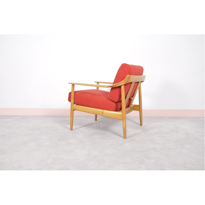 Cherry wood & red fabric armchair - 1960s