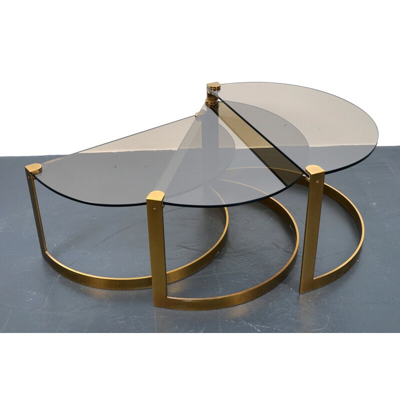 Set of 3 vintage gold glass and metal coffee tables by Ronald Schmitt, 1970