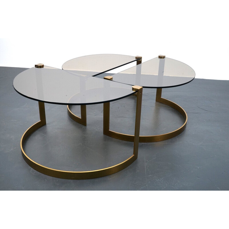Lot de 3 tables à café vintage dorées en verre et métal de Ronald Schmitt, 1970