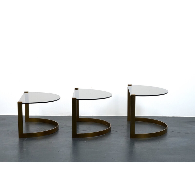 Conjunto de 3 mesas de centro vintage em vidro dourado e metal de Ronald Schmitt, 1970