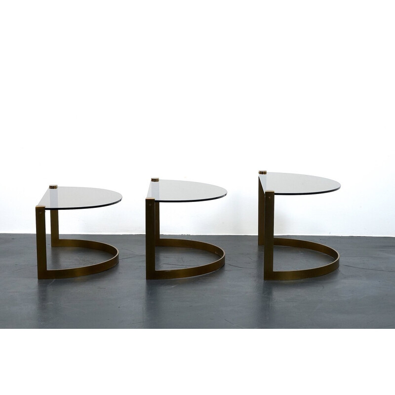 Lot de 3 tables à café vintage dorées en verre et métal de Ronald Schmitt, 1970