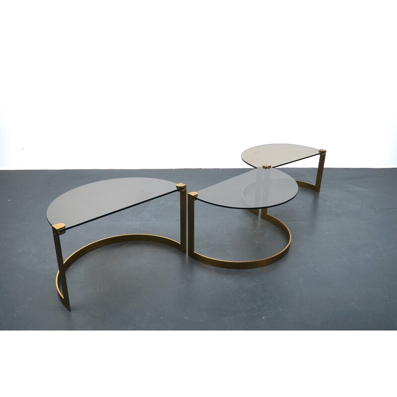 Lot de 3 tables à café vintage dorées en verre et métal de Ronald Schmitt, 1970