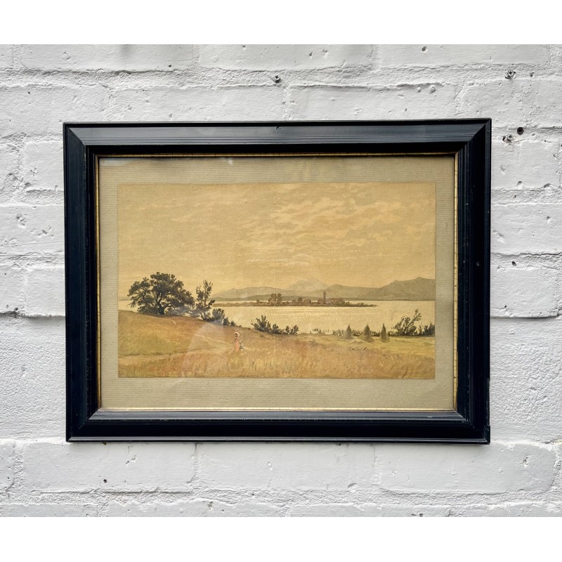Vintage picturesque watercolor painting with an ebonized frame, 1910