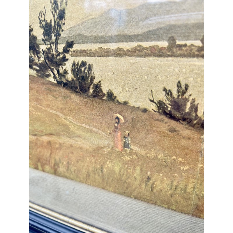 Tableau vintage aquarelle pittoresque avec un cadre noirci, 1910