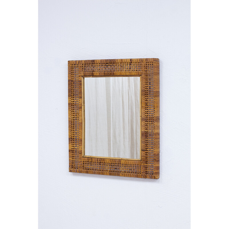 Vintage mirror in solid teak and rattan, Sweden 1950