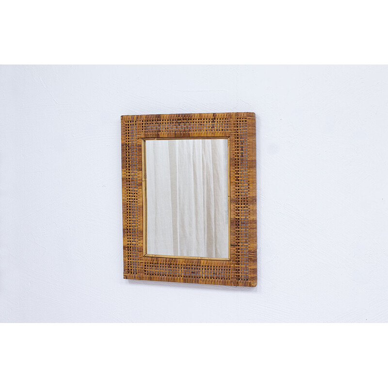 Vintage mirror in solid teak and rattan, Sweden 1950