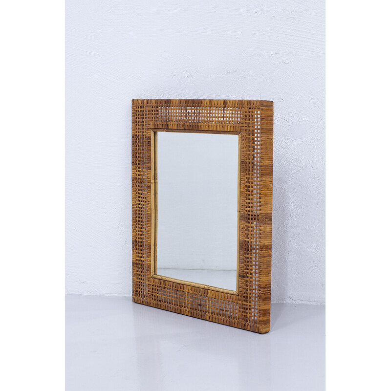 Vintage mirror in solid teak and rattan, Sweden 1950