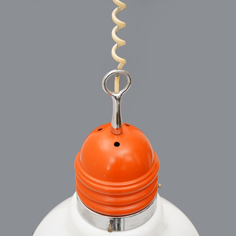 Vintage chandelier in white glass and orange painted metal, 1970