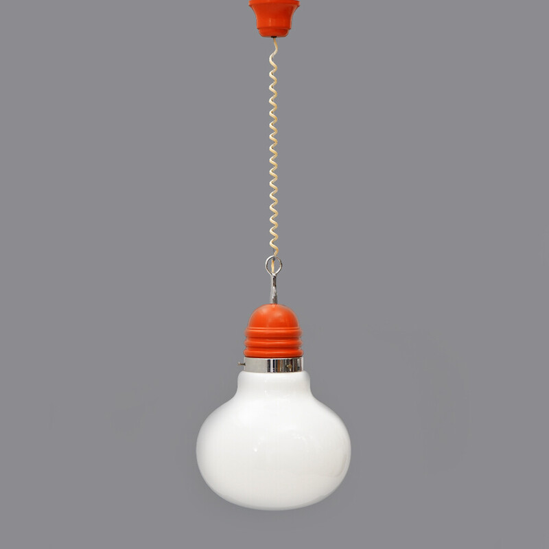 Vintage chandelier in white glass and orange painted metal, 1970