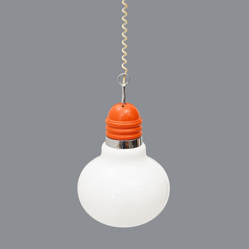 Vintage chandelier in white glass and orange painted metal, 1970