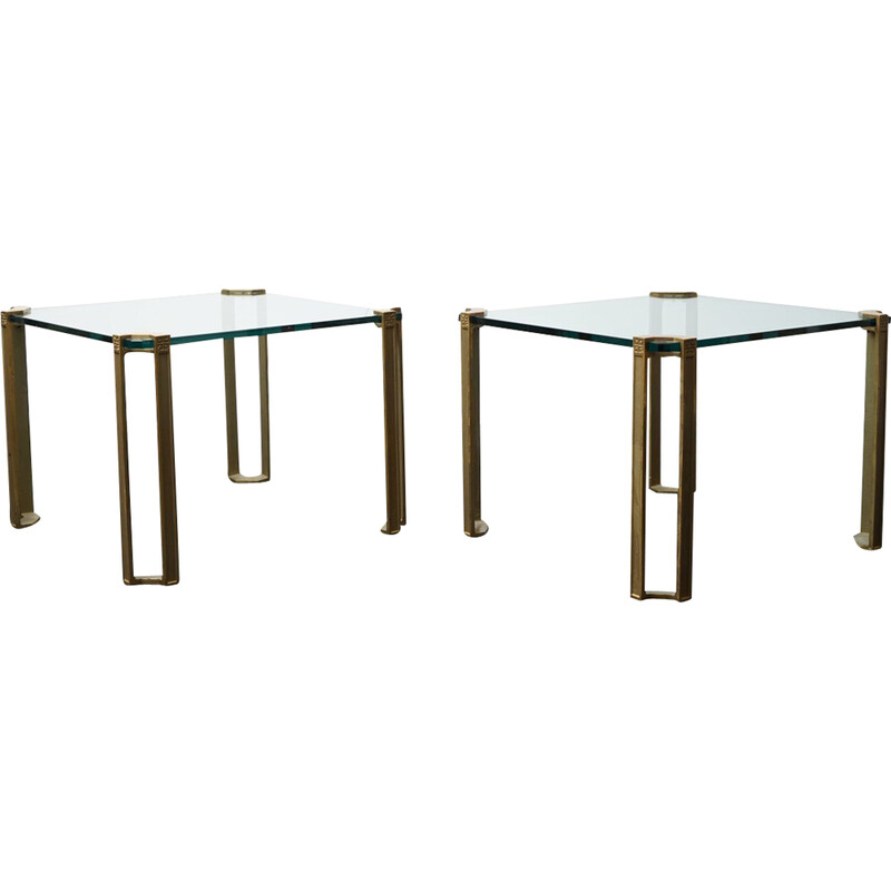 Par de mesas de centro vintage em vidro dourado e ferro de Peter Ghyczy, Holanda 1970