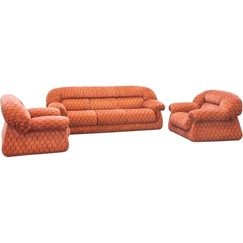 Vintage 3-seater sofa in polyurethane and fabric with pairs of armchairs, 1970