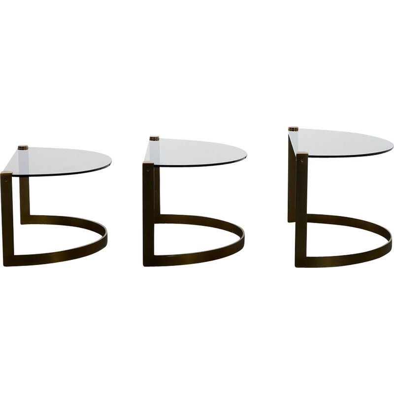 Lot de 3 tables à café vintage dorées en verre et métal de Ronald Schmitt, 1970