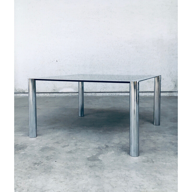 Vintage square dining table in smoked glass and chrome steel by Sergio Mazza for Cinova, Italy 1970