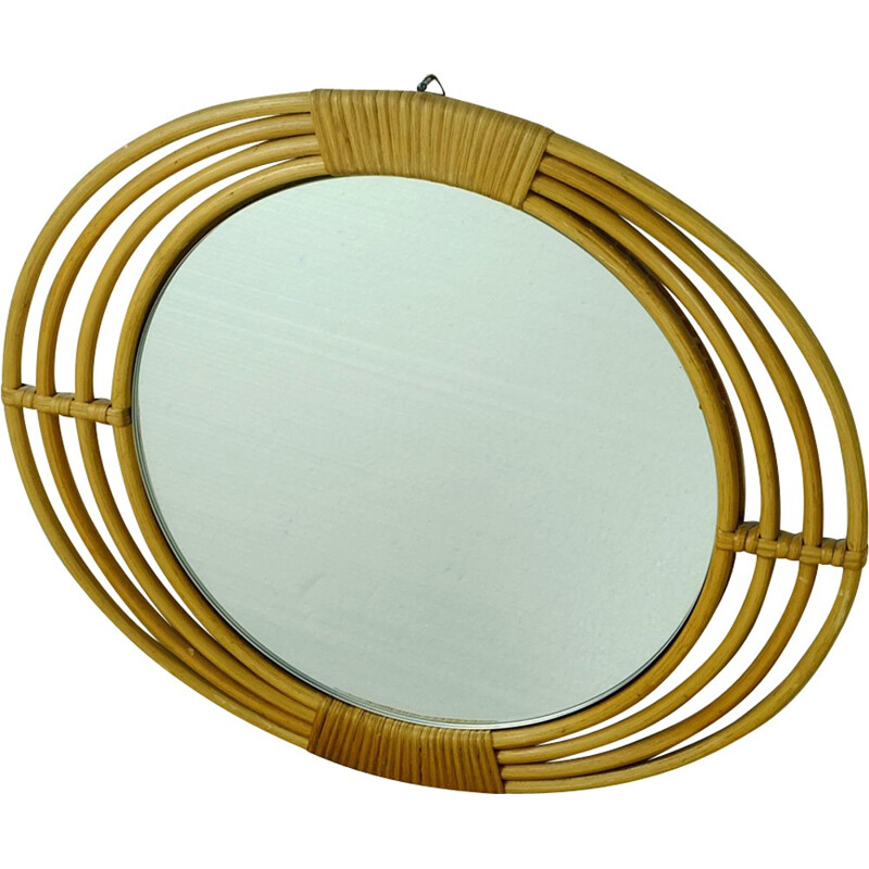 Miroir beige en rotin et en verre avec cadre ovale - 1950