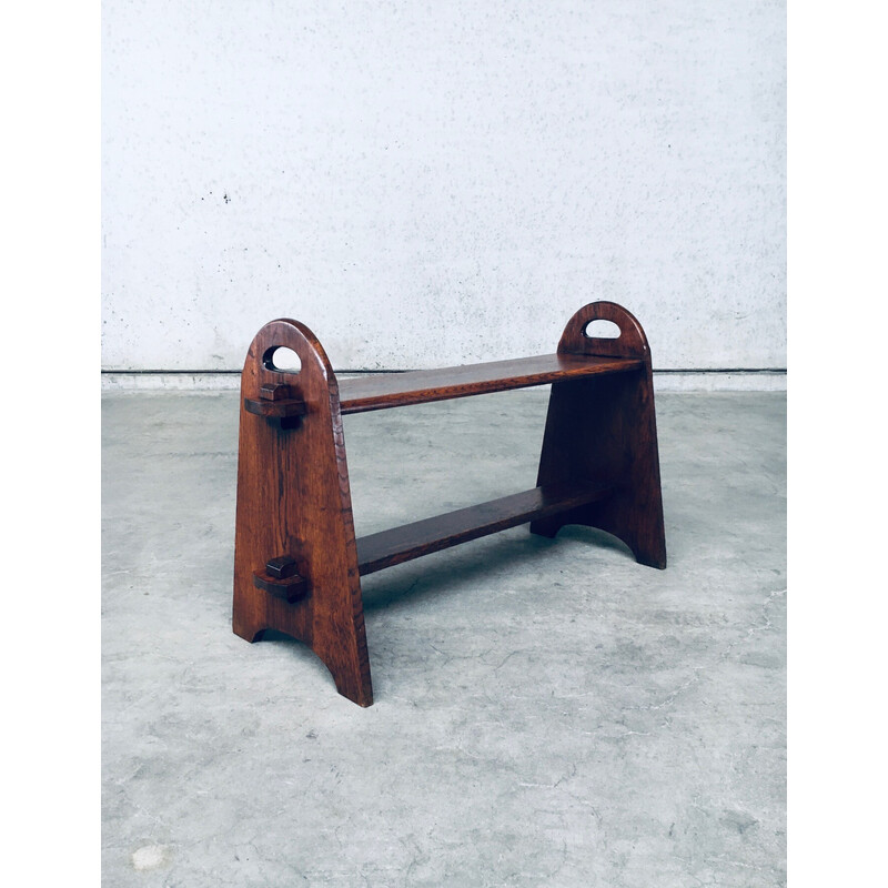 Vintage 2-tier solid oak side table, France 1950
