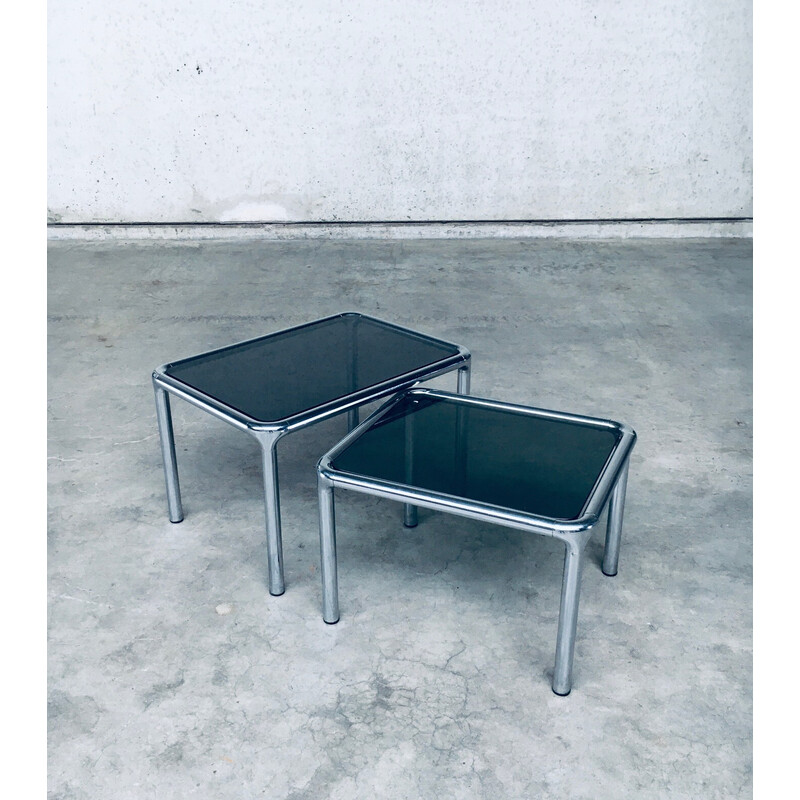 Vintage nesting tables in chrome and smoked glass by Etienne Fermigier, France 1970