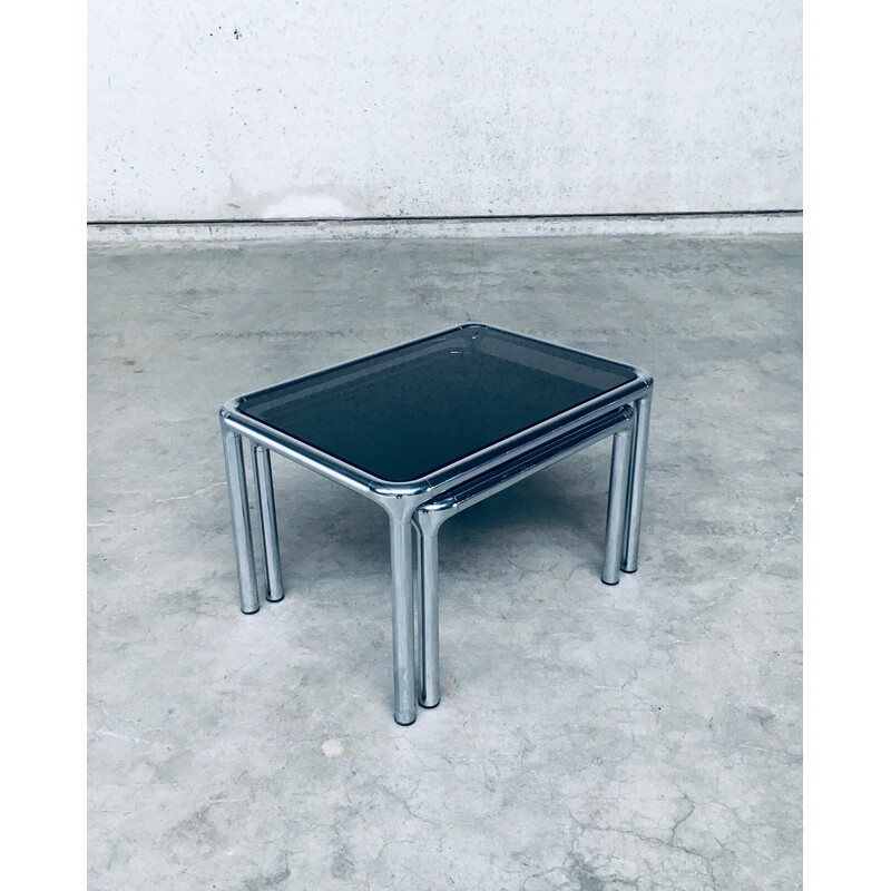 Vintage nesting tables in chrome and smoked glass by Etienne Fermigier, France 1970