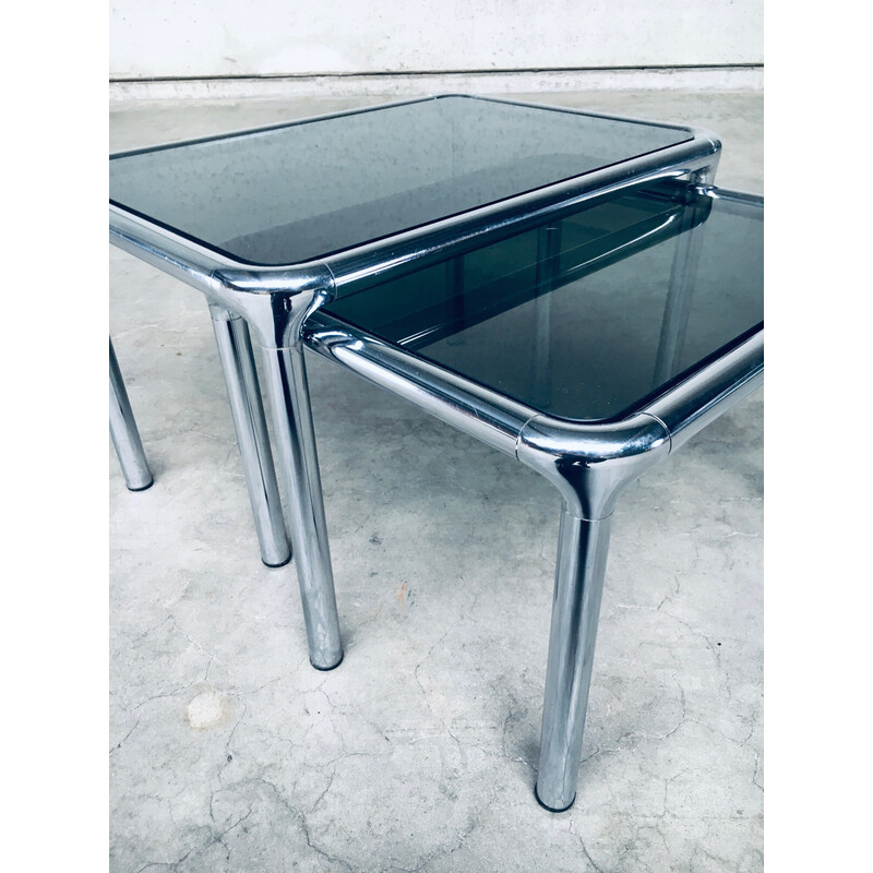 Vintage nesting tables in chrome and smoked glass by Etienne Fermigier, France 1970