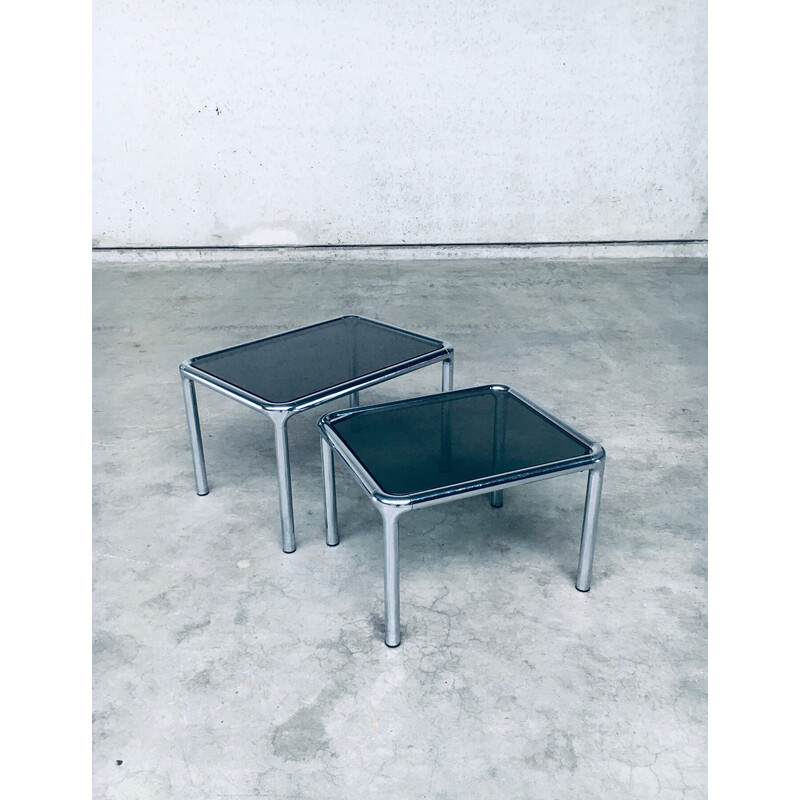 Vintage nesting tables in chrome and smoked glass by Etienne Fermigier, France 1970