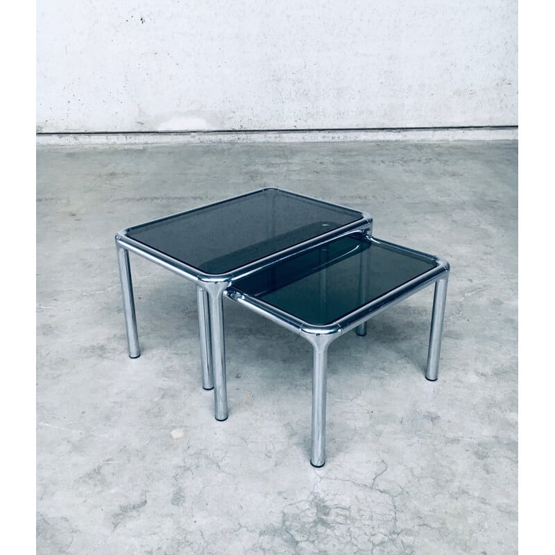 Vintage nesting tables in chrome and smoked glass by Etienne Fermigier, France 1970