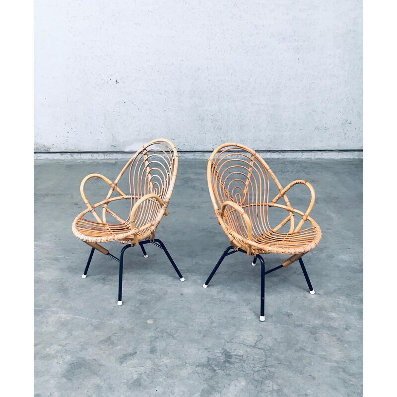 Pair of vintage rattan and black metal armchairs by Rohe Noordwolde, Netherlands 1960