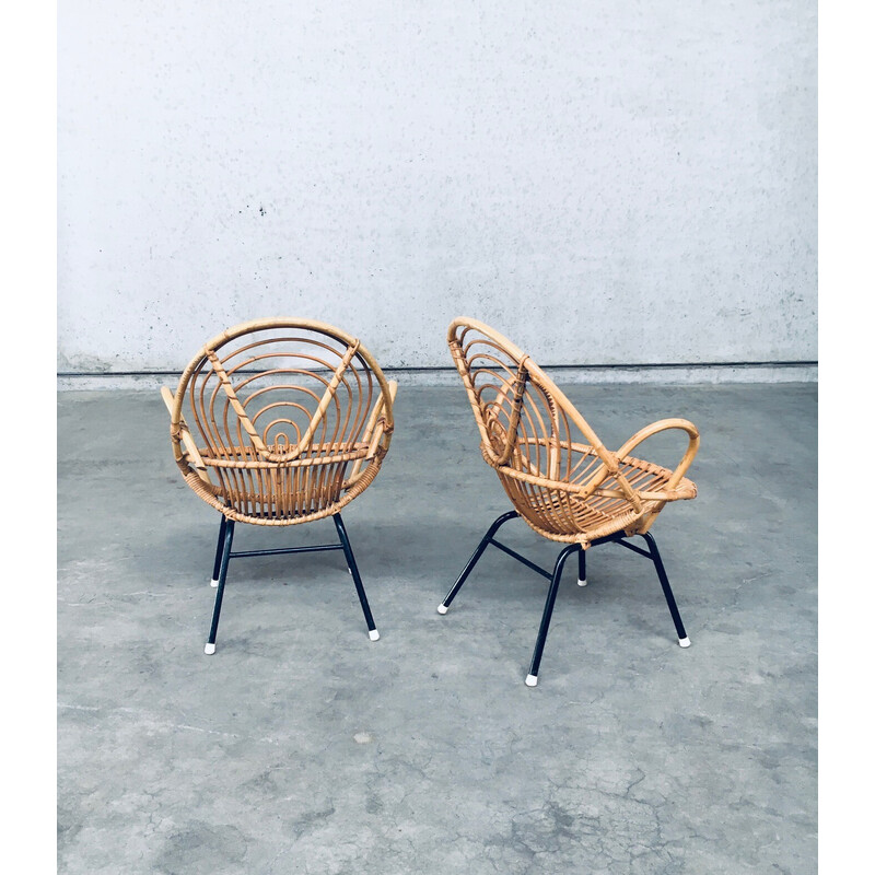 Pair of vintage rattan and black metal armchairs by Rohe Noordwolde, Netherlands 1960
