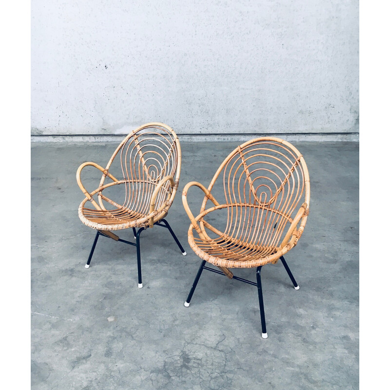 Pair of vintage rattan and black metal armchairs by Rohe Noordwolde, Netherlands 1960