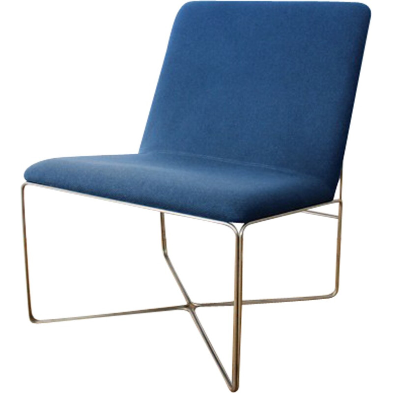 Blue Danish low chair in steel and wool - 1960s