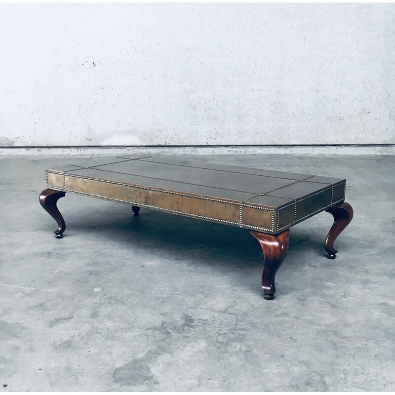 Vintage brass and wood coffee table, France 1960