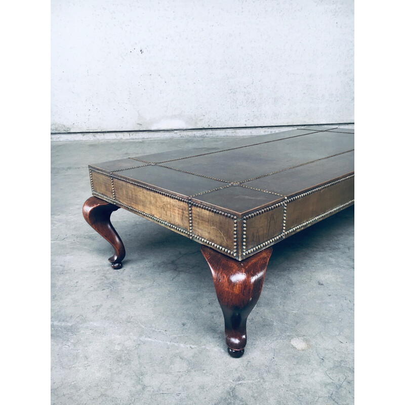 Table basse vintage en laiton et bois, France 1960