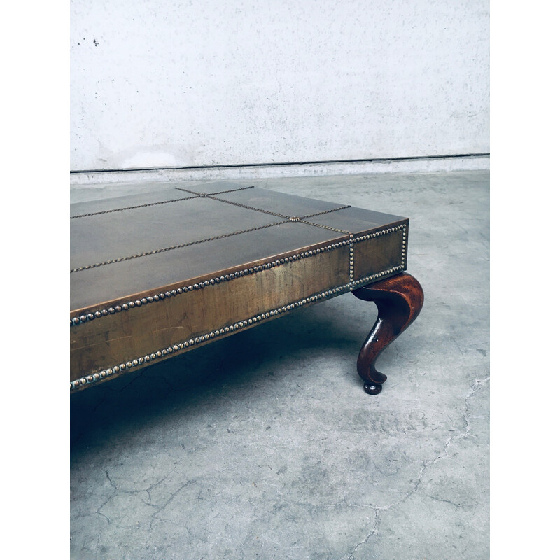 Table basse vintage en laiton et bois, France 1960