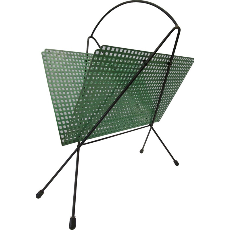 Green magazine rack in perforated sheet metal - 1950s