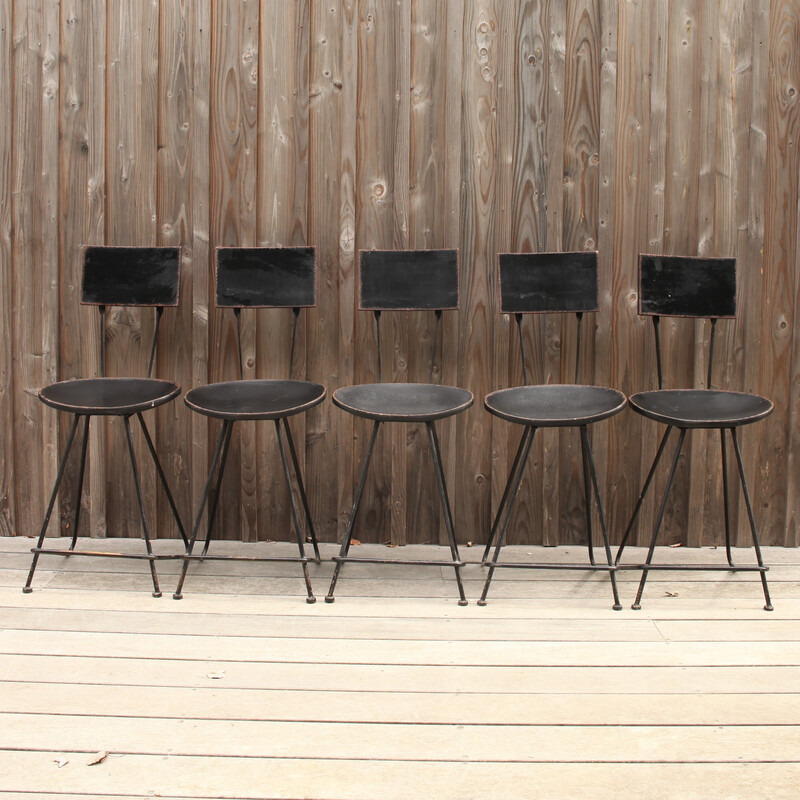 Set of 5 vintage bar chairs in wood and black lacquered metal