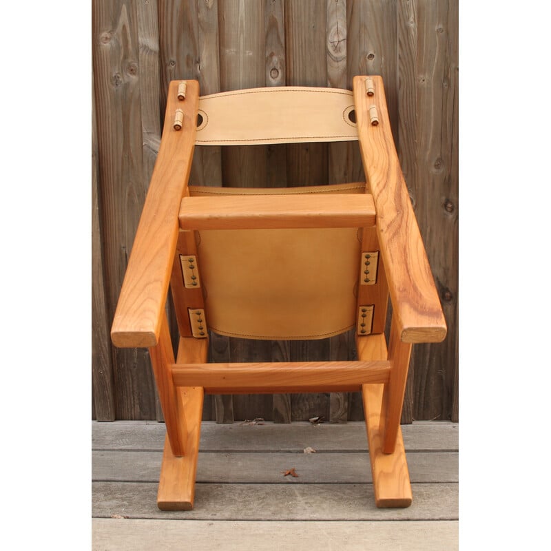 Vintage elm and leather chair for Maison Regain