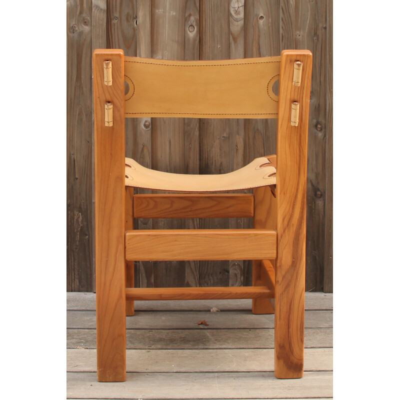 Vintage elm and leather chair for Maison Regain