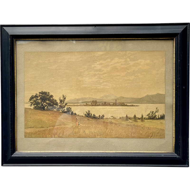 Vintage picturesque watercolor painting with an ebonized frame, 1910