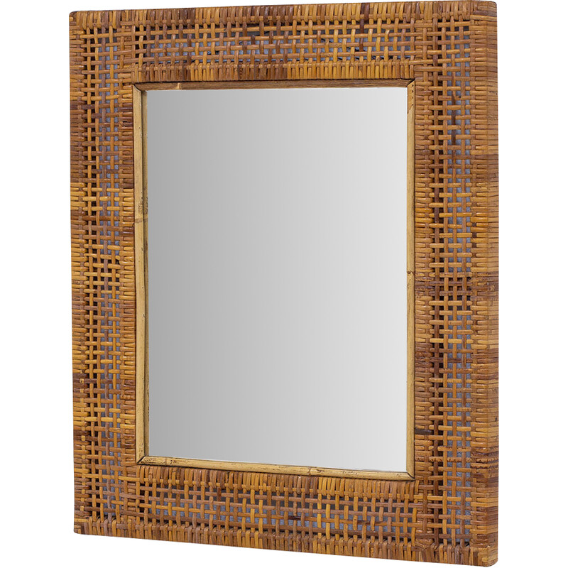 Vintage mirror in solid teak and rattan, Sweden 1950