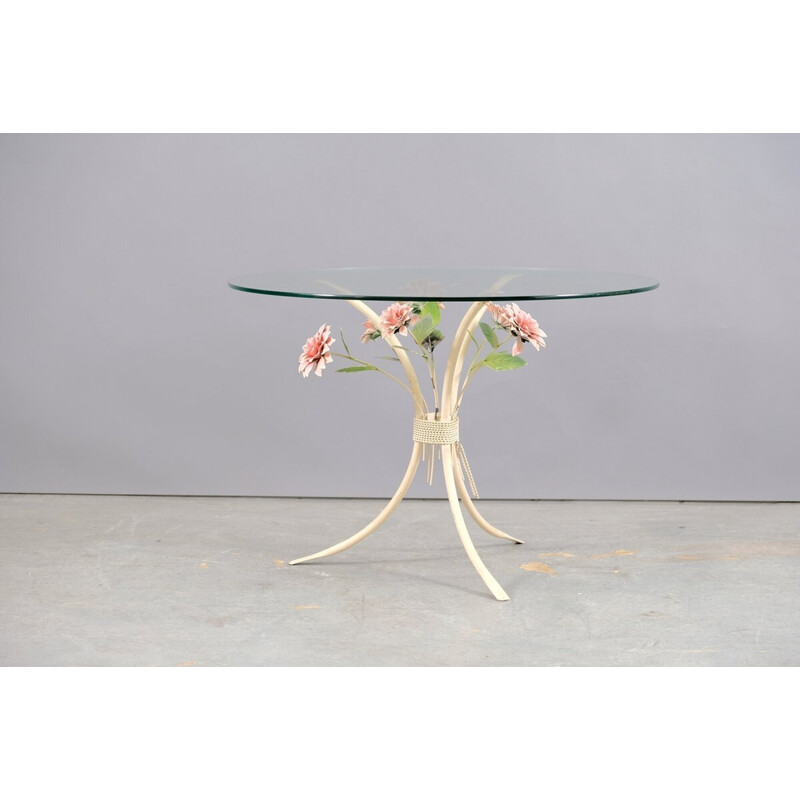 Table d'appoint vintage en métal blanc avec fleurs, Allemagne 1970