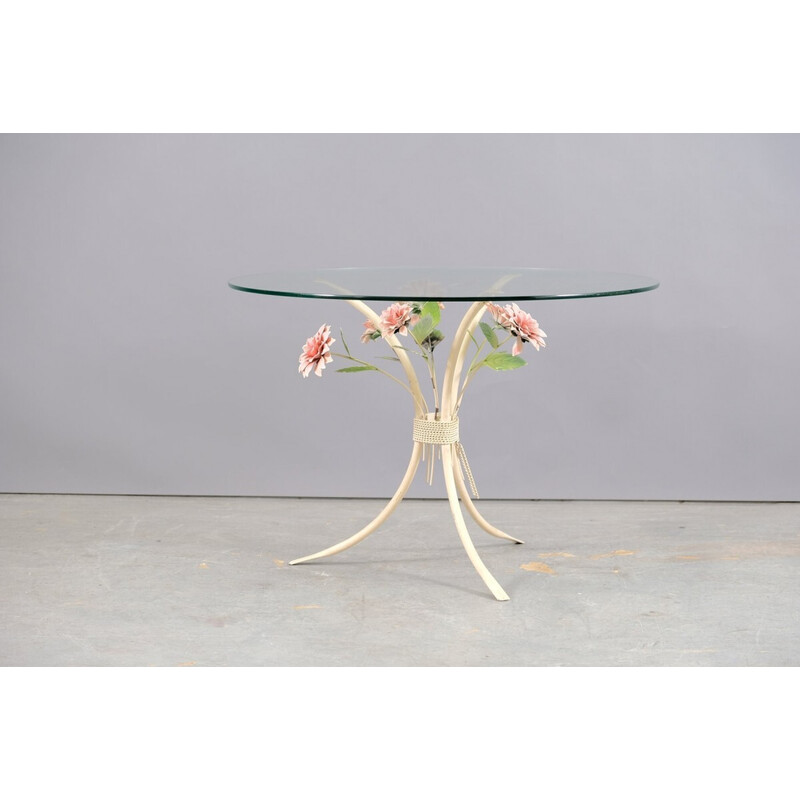 Vintage white metal side table with flowers, Germany 1970